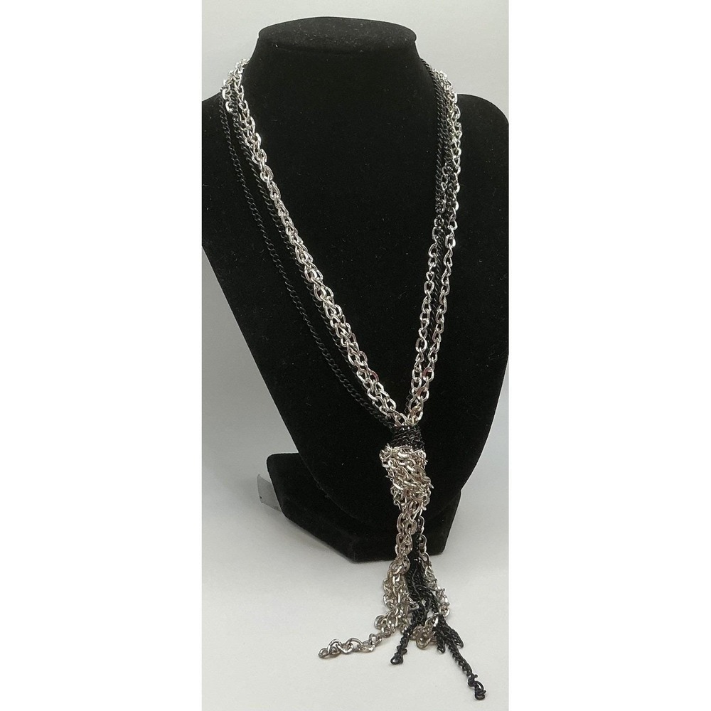 Silver & Black Layered Chain Tassel Necklace • Mixed Metal Statement Pendant